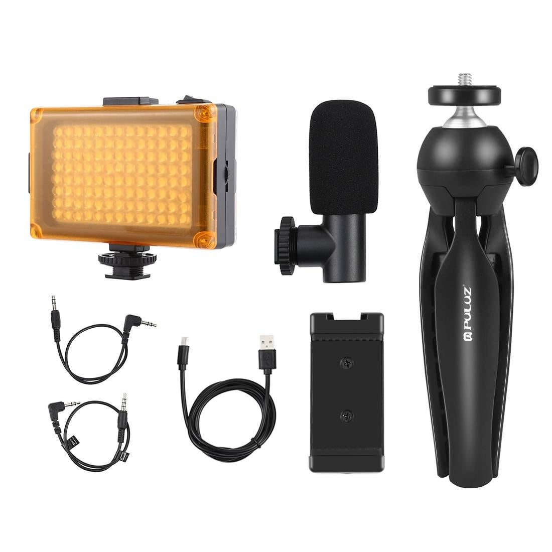 Puluz liveoptagelsessæt stativ + LED-lys + mikrofon + telefonklips PKT3132B