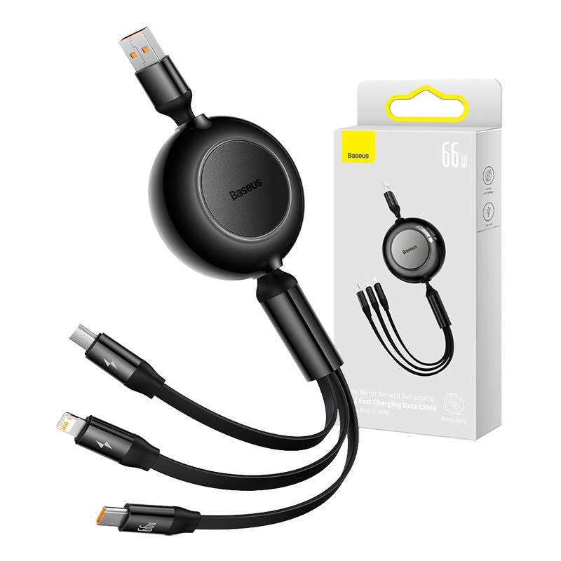 Baseus Bright Mirror 3, USB 3-i-1-kabel til mikro-USB / USB-C / Lightning 66W / 2A 1,1 m (sort)