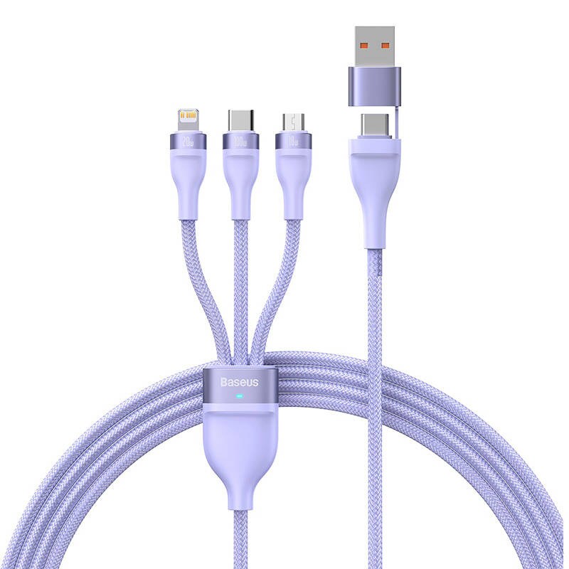 Kabel USB 3w1 Baseus Flash Series 2, USB-C + micro USB + Lightning, 100W, 1,5m (fioletowy)