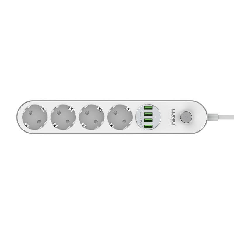 Strømskinne med 4 AC-stik, 4x USB, LDNIO SE4432, 2m (hvid)