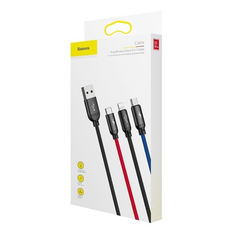 Baseus 3in1-kabel USB-C / Lightning / Micro 3,5A 0,3m (Sort)