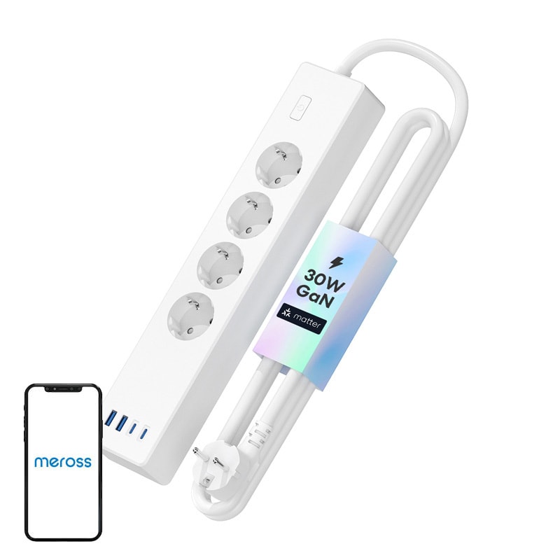 Meross MSP844(EU) smart strømskinne til hurtig opladning, 4 udtag + 2x USB-A + 2x USB-C (Matter)