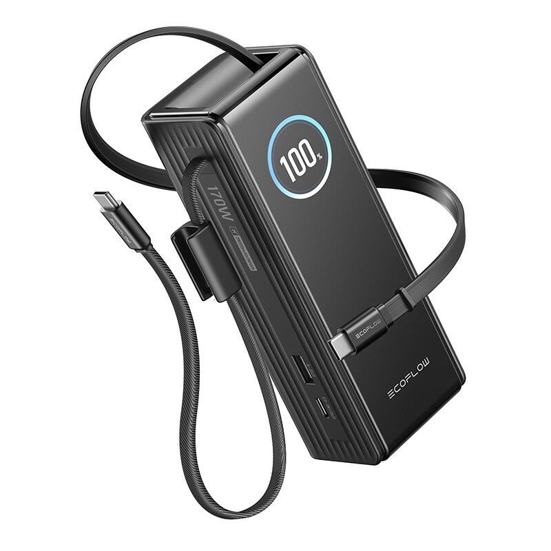 EcoFlow RAPID Powerbank 25000 mAh, 170 W (med indbyggede 100 W-kabler).